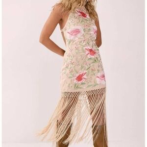 Nasty Gal Embroidered Floral Fringe Halter Mini Dress Nude Pink Size 2 NWT